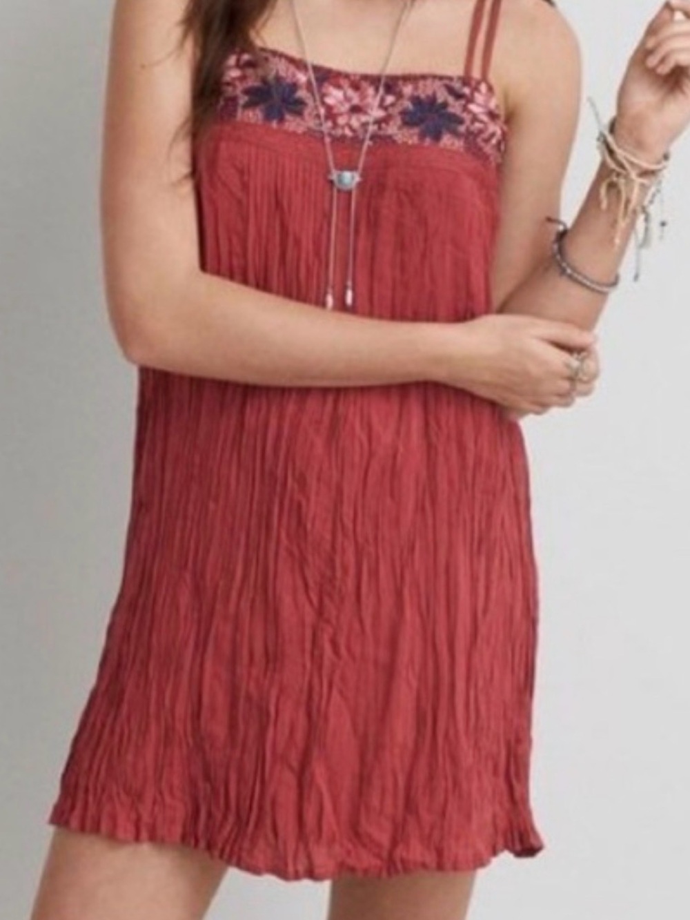 American Eagle Outfitters Rust Red Embroidered Yoke Crinkle Mini Dress